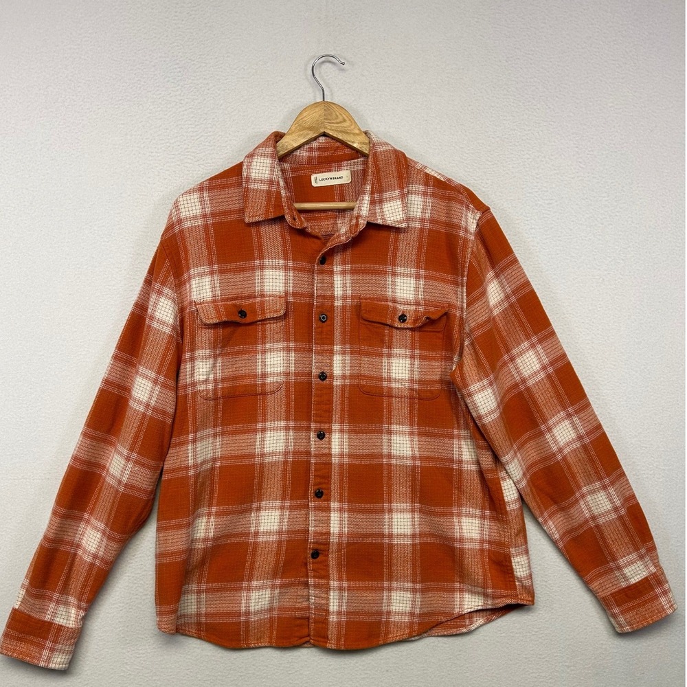 Rustic Outdoors Lucky Brand Mens L Orange Plaid Cotton Flannel Button Down Shirt